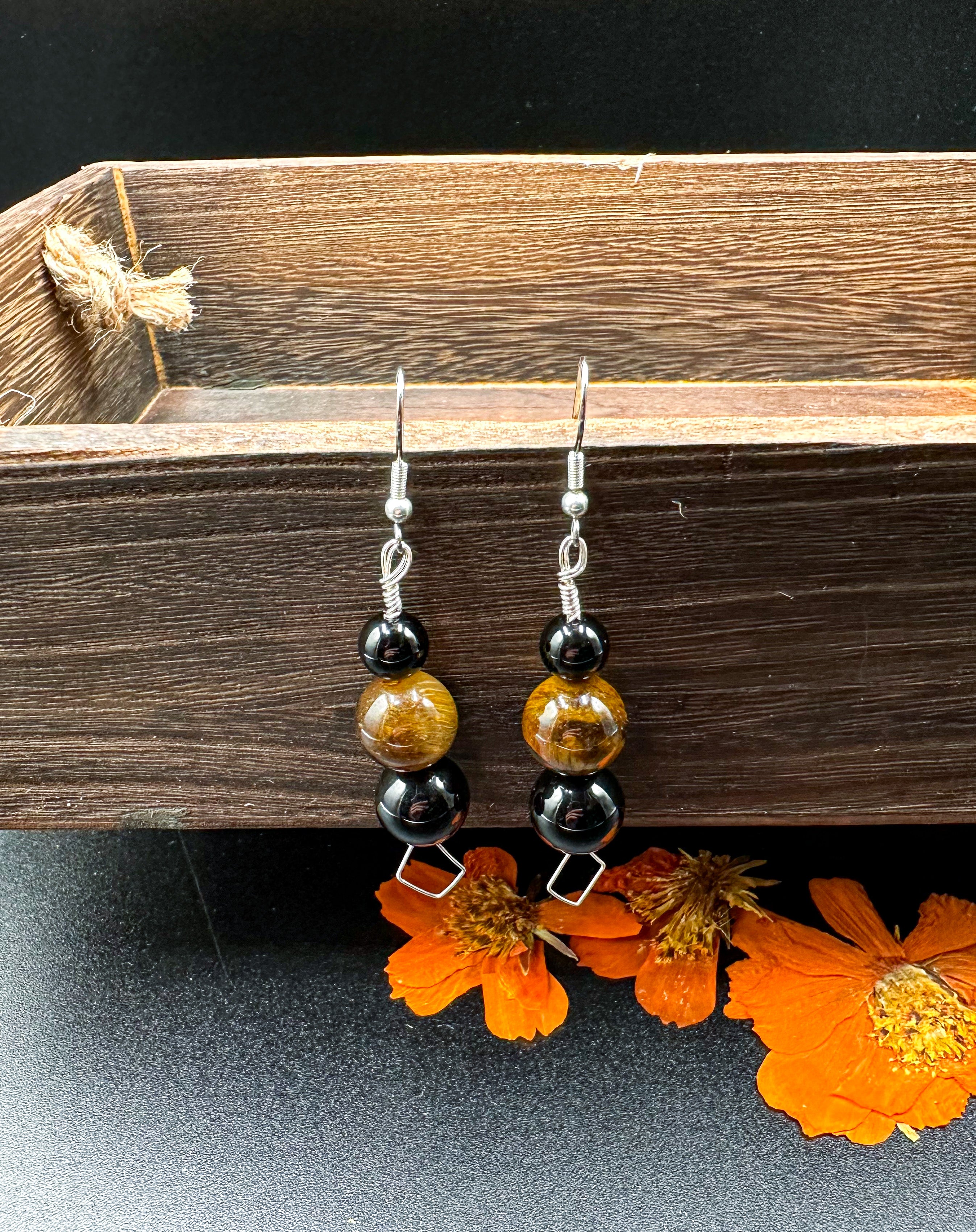 Silver Black Obsidian & Tigers Eye Earrings