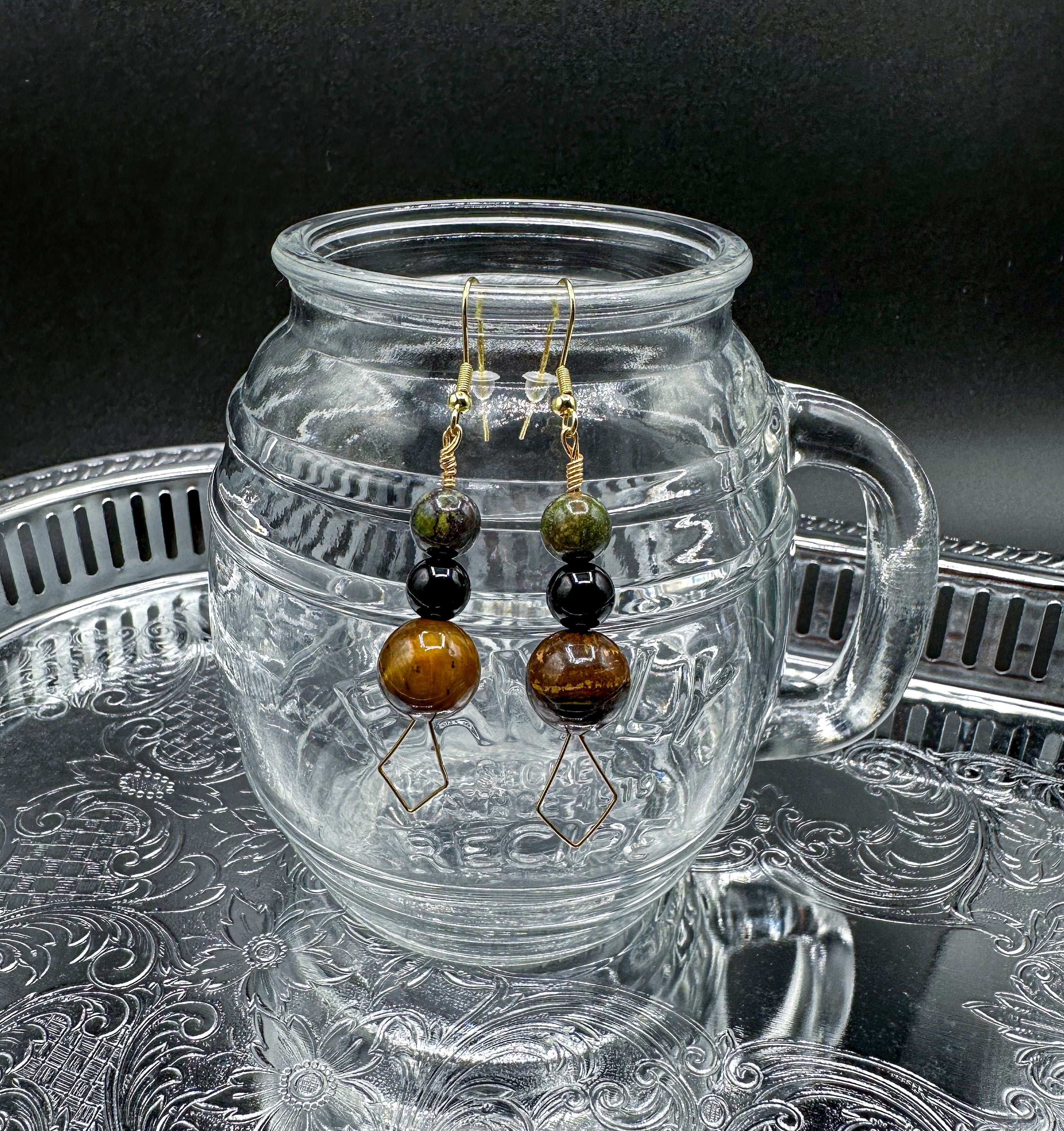 Gold Dragons Blood Jasper / Black Obsidian / Tigers Eye Earrings