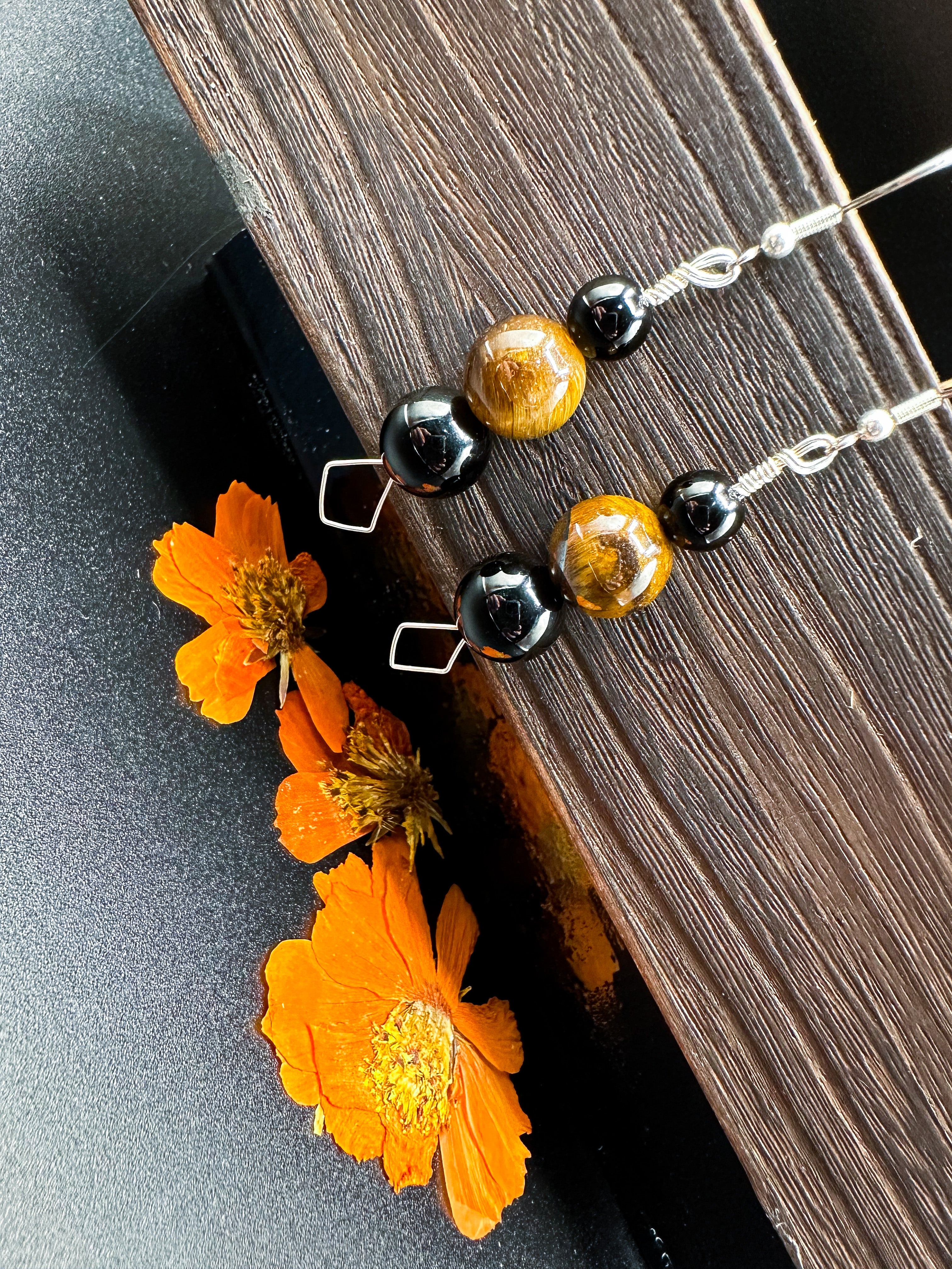 Silver Black Obsidian & Tigers Eye Earrings