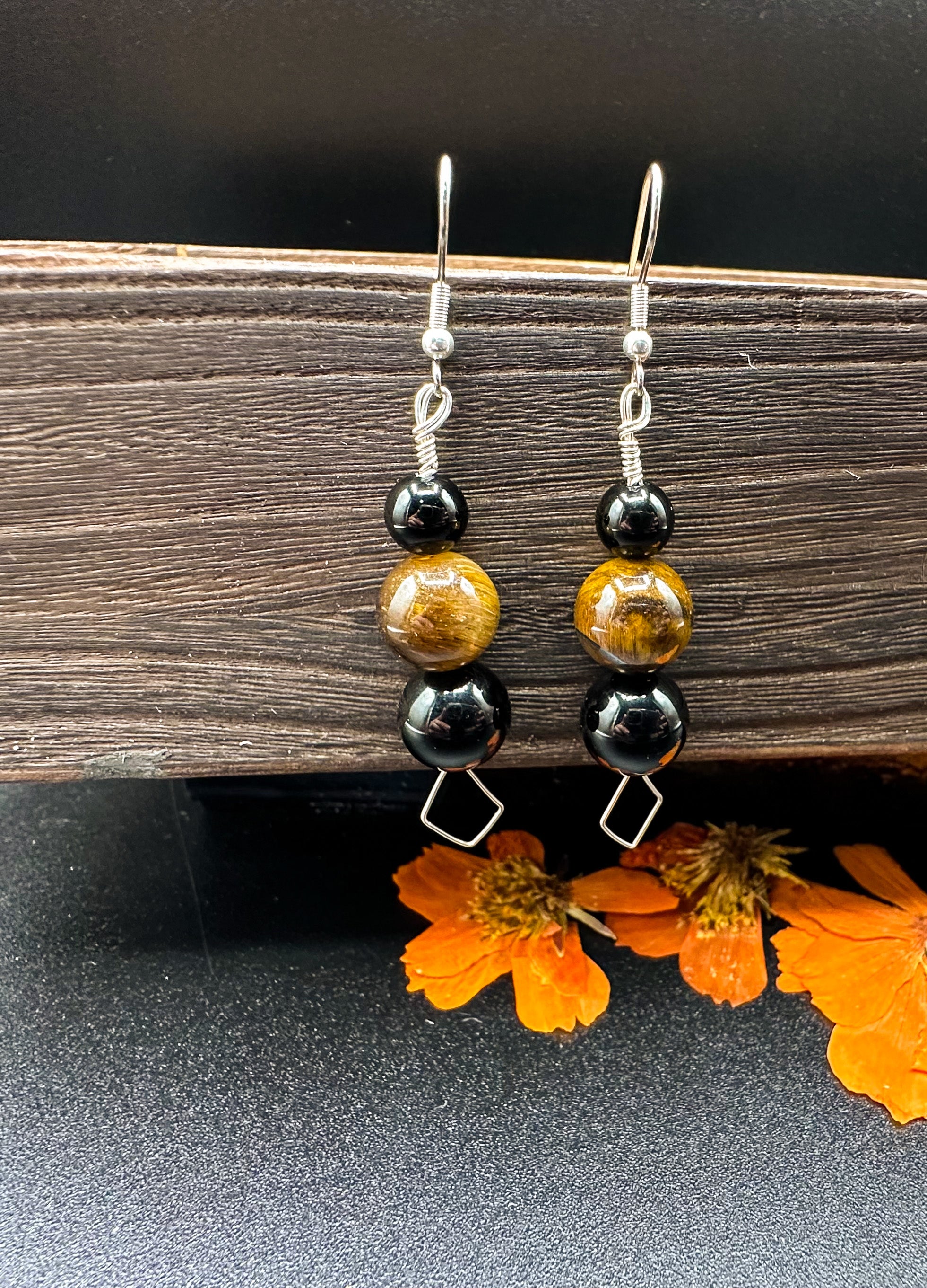 Silver Black Obsidian & Tigers Eye Earrings