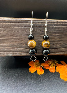 Silver Black Obsidian & Tigers Eye Earrings