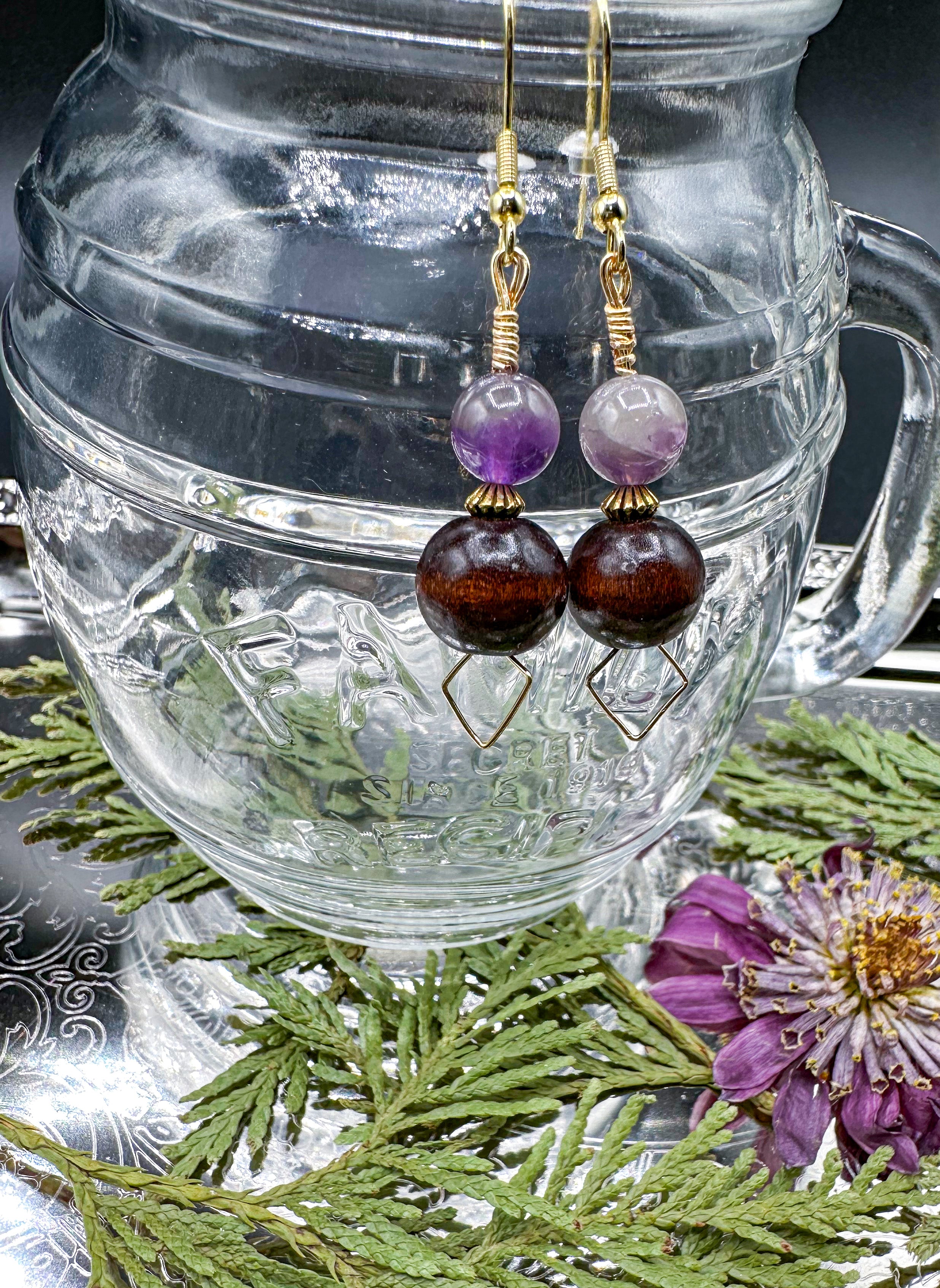 Gold Amethyst / Natural Wood Earrings