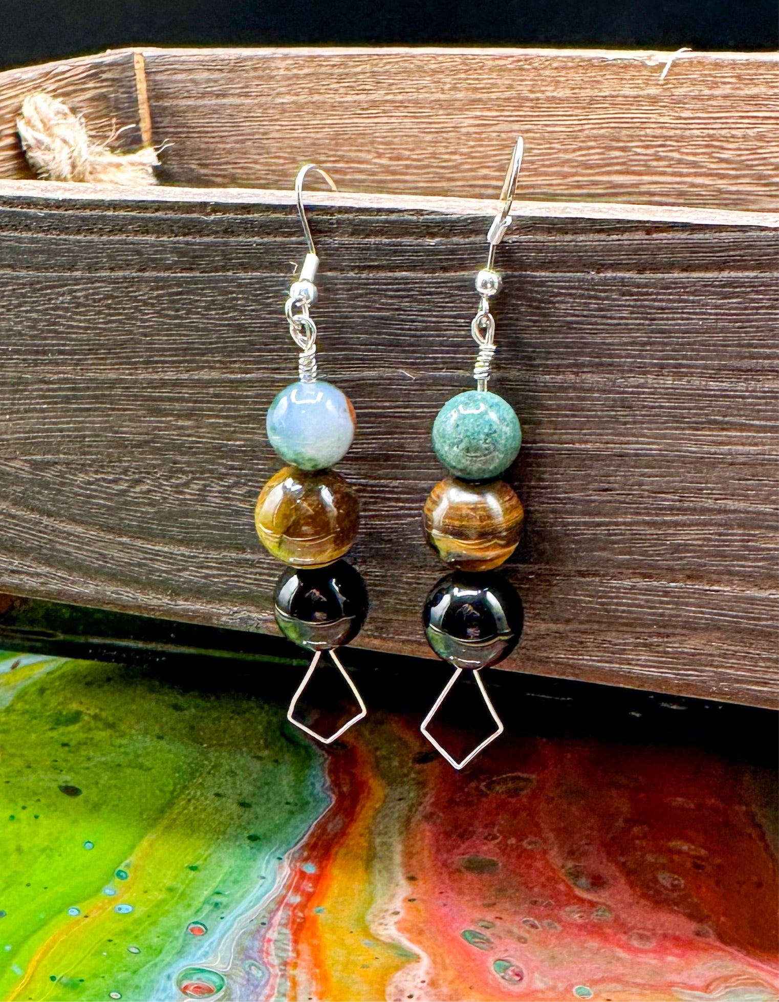 Silver Agate / Tigers Eye / Black Obsidian Earrings