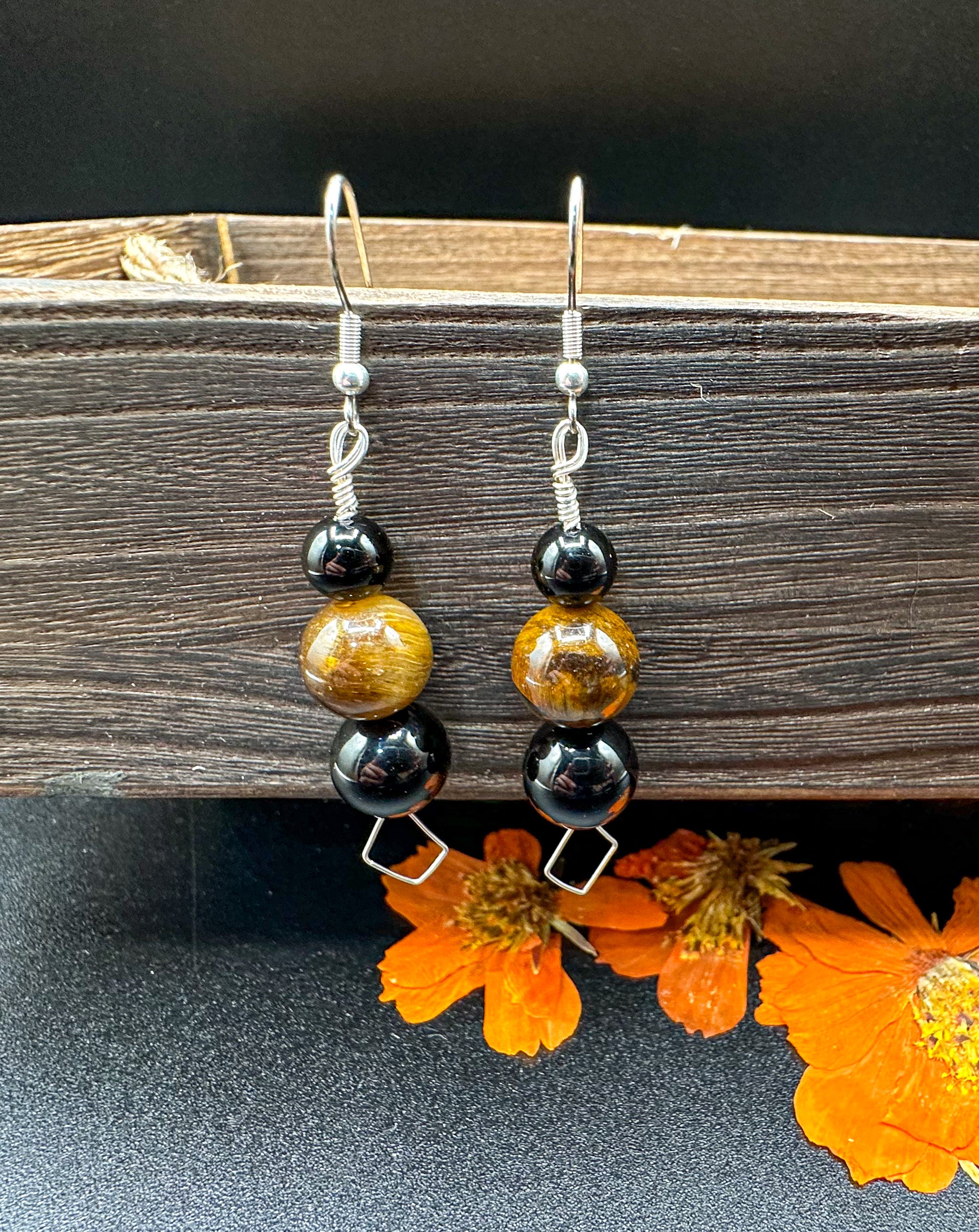 Silver Black Obsidian & Tigers Eye Earrings