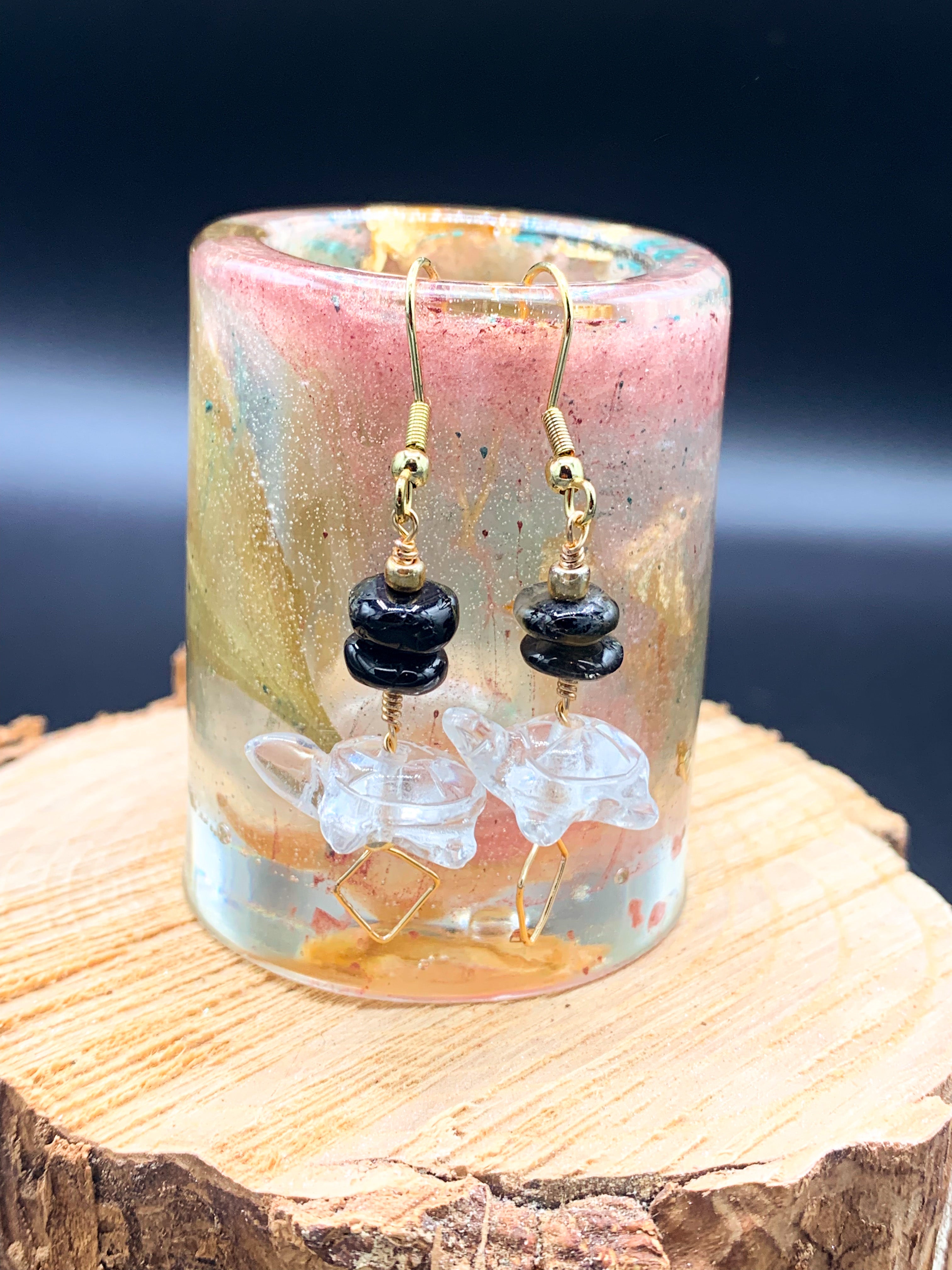 Watermelon Tourmaline Turtle Quartz Earrings