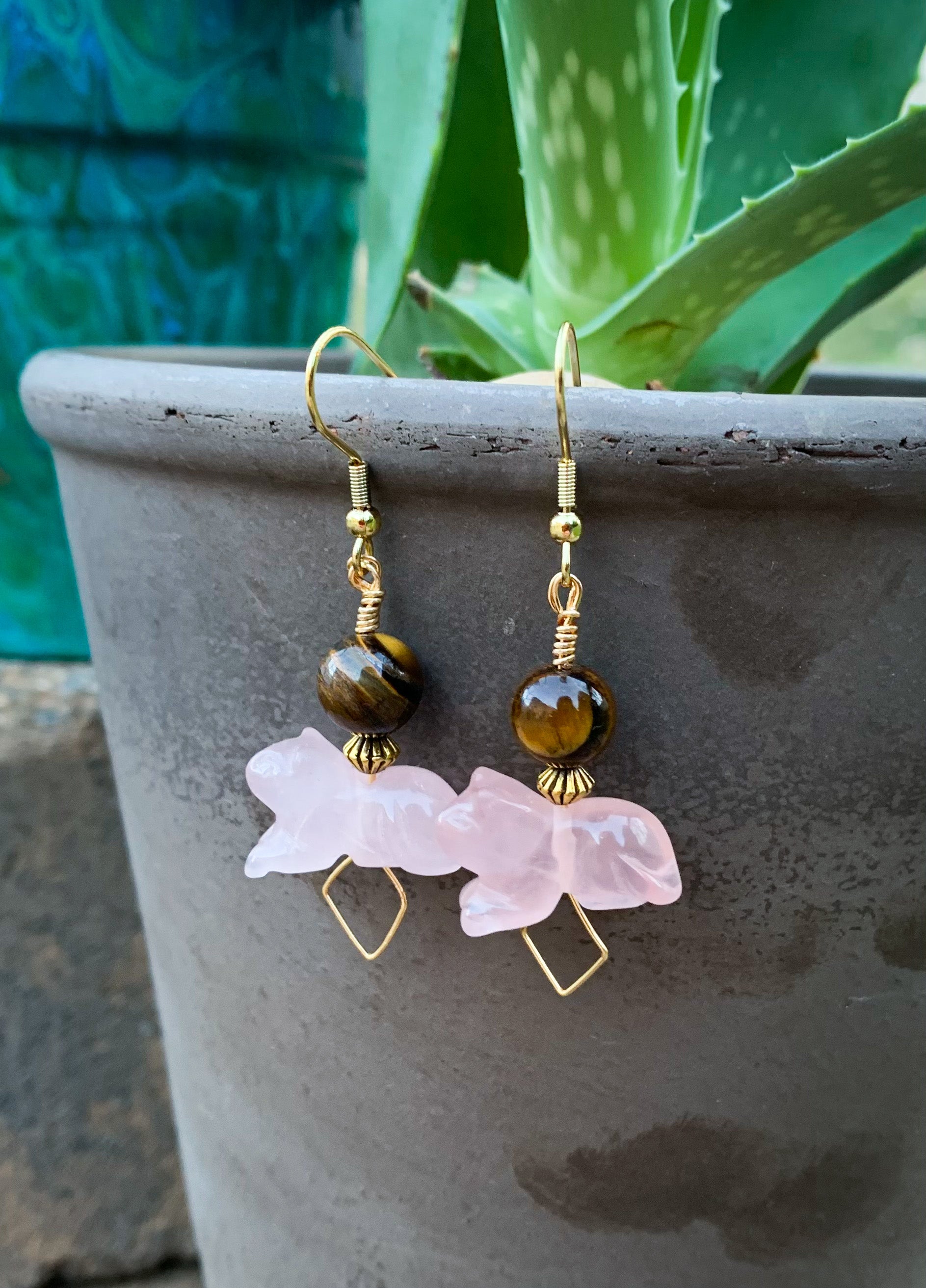 Cat Rose Quartz and Tigers Eye Earrings