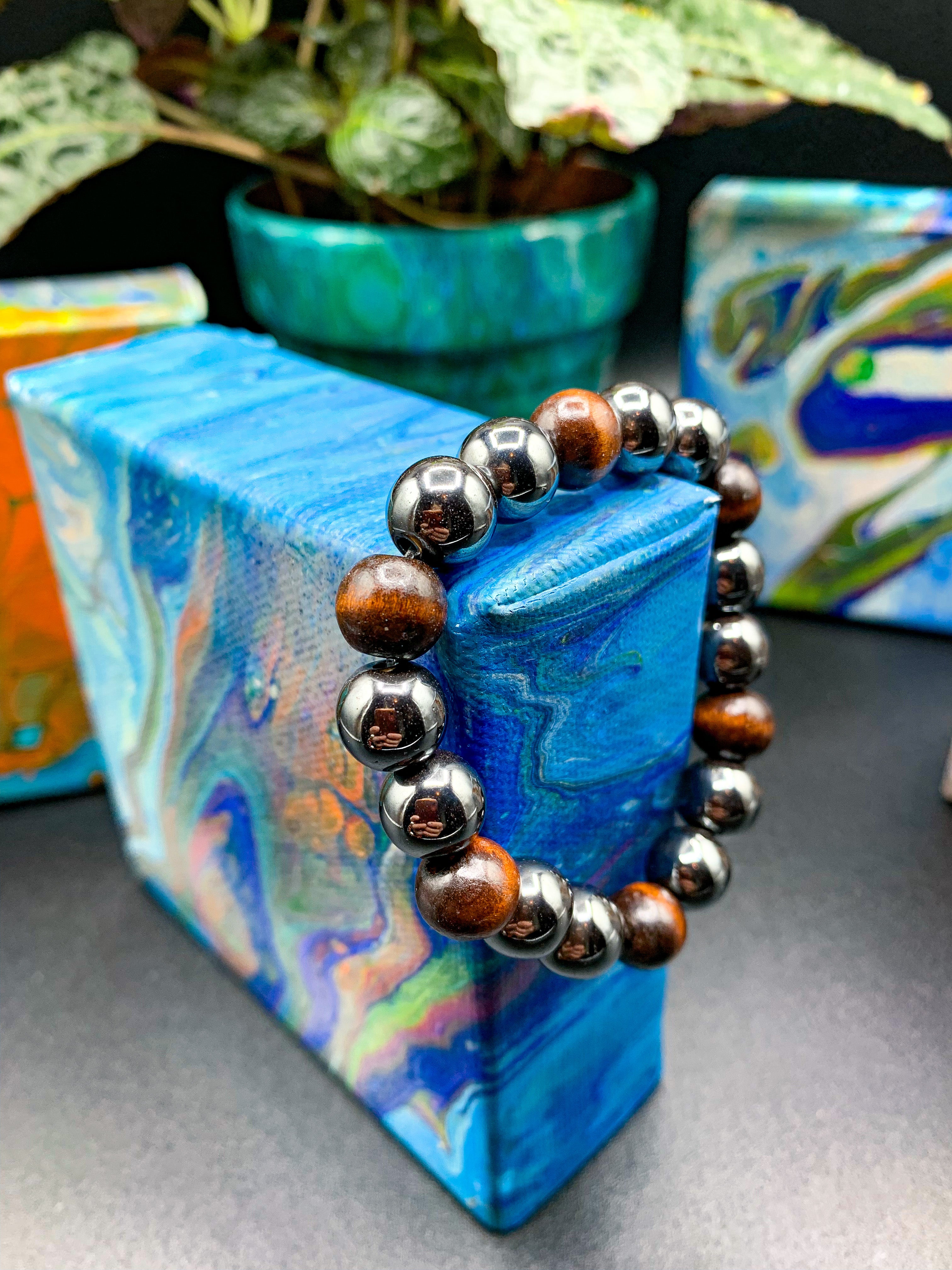 Small Hematite / Natural Wood Bracelet