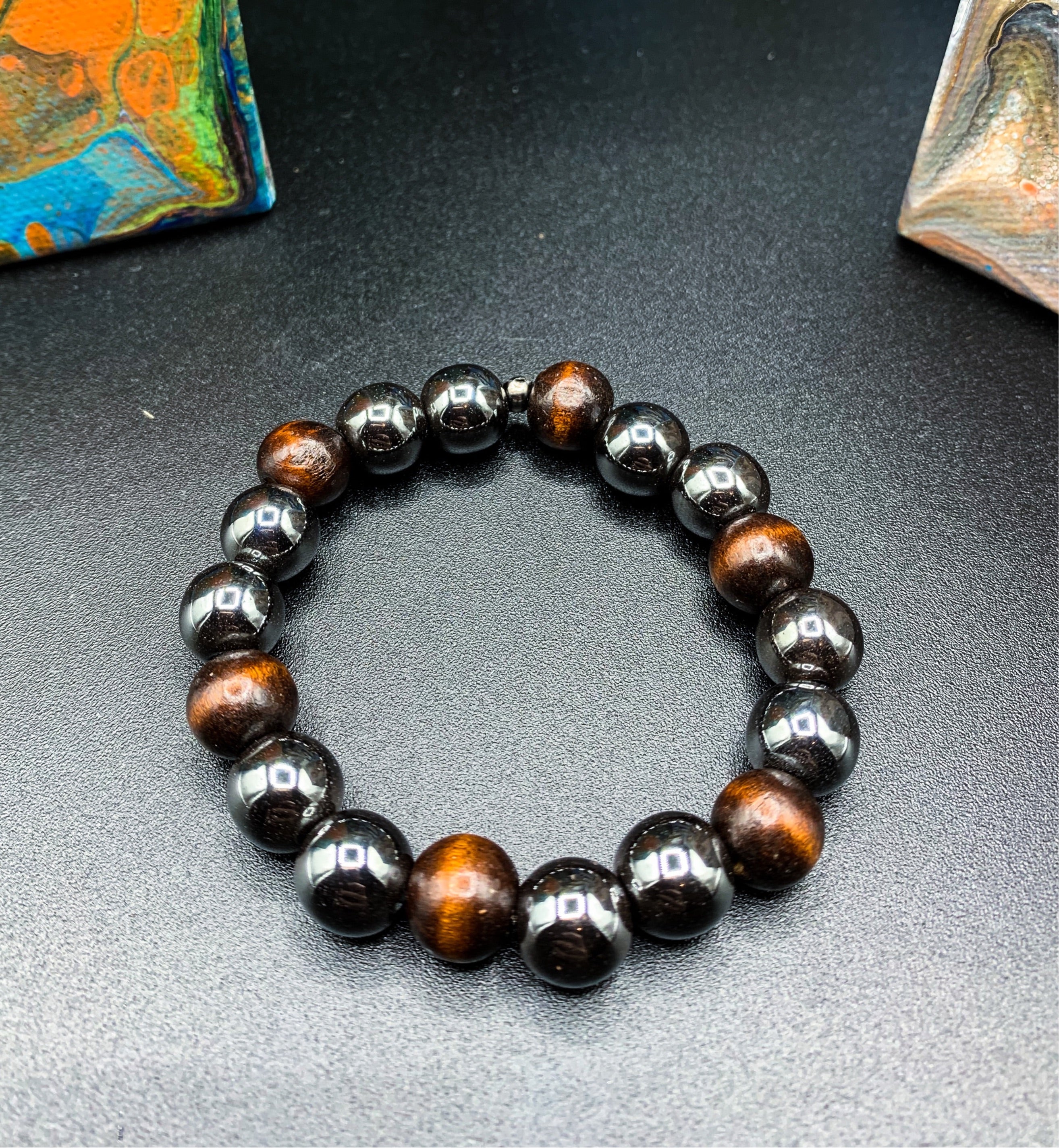 Small Hematite / Natural Wood Bracelet