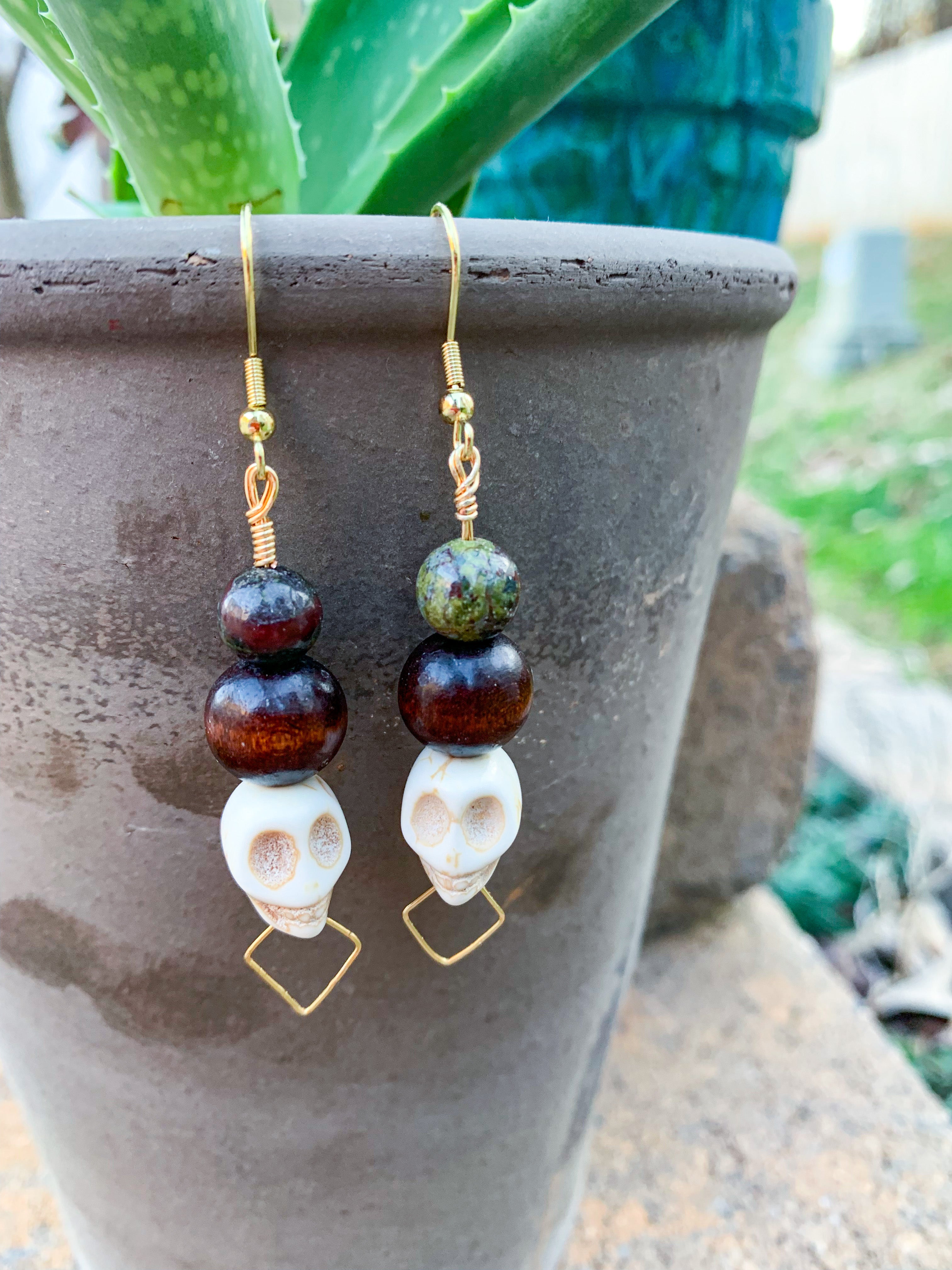 Dragon Blood Jasper / Howlite Skull Earrings