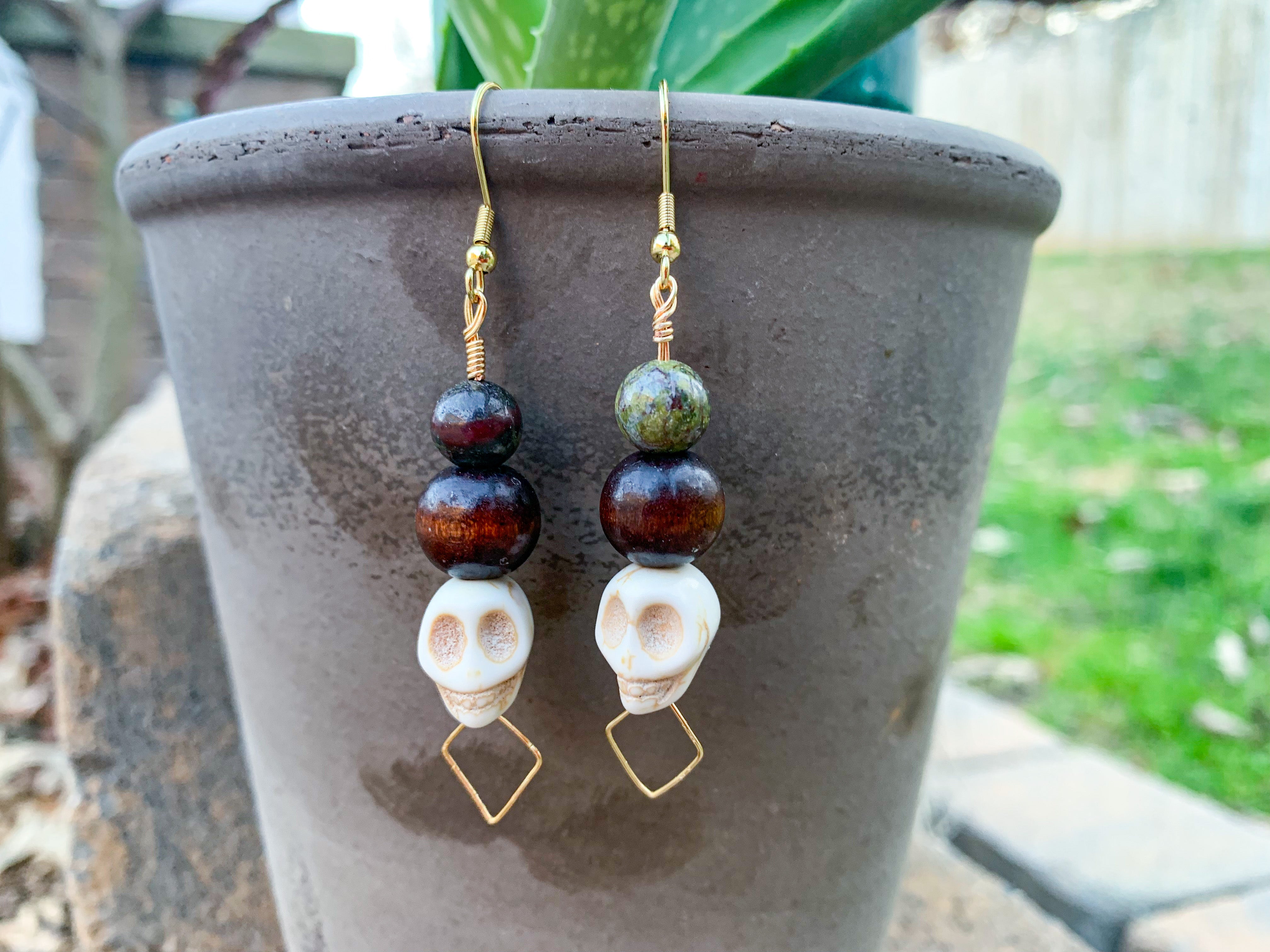 Dragon Blood Jasper / Howlite Skull Earrings
