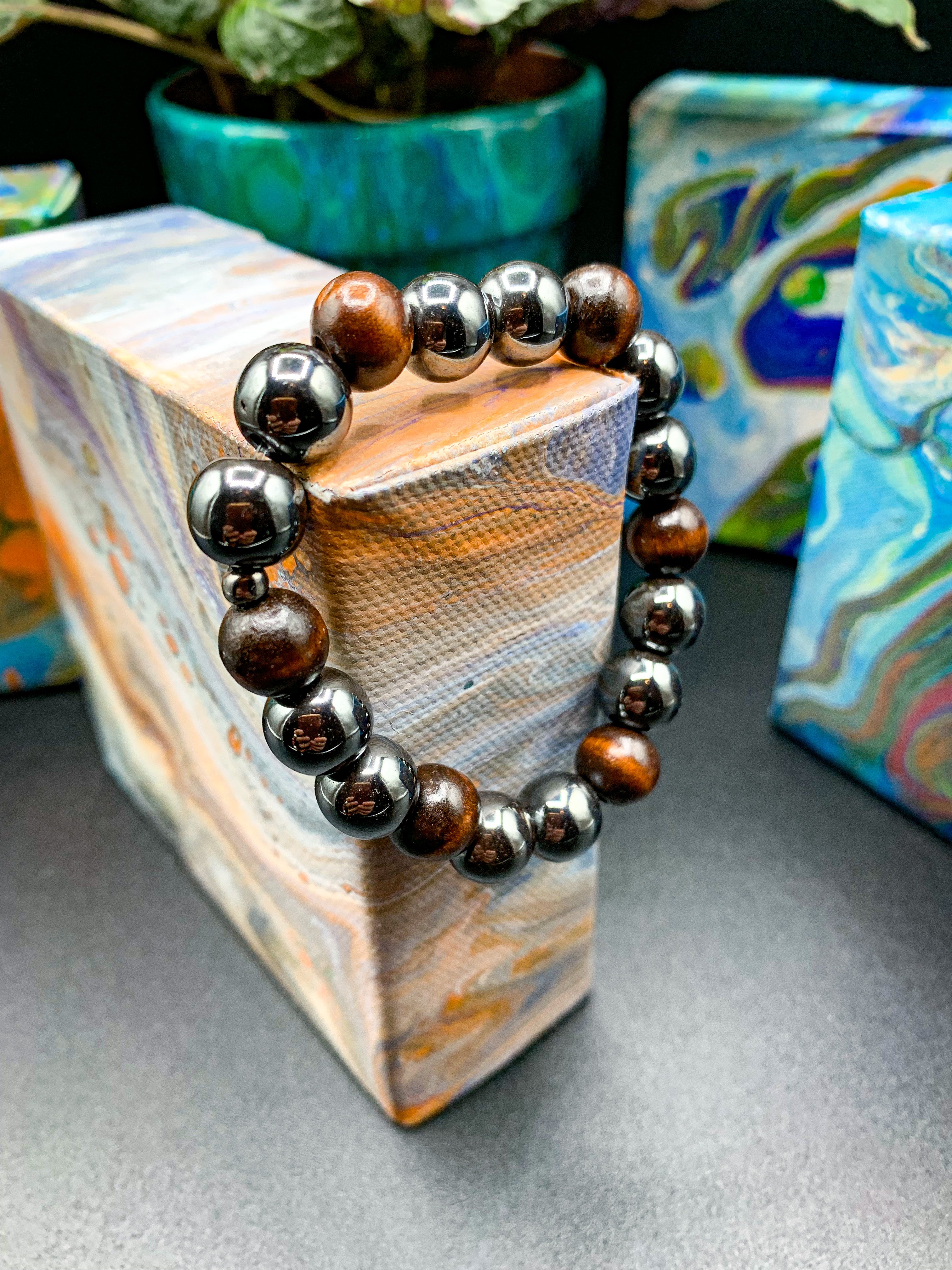 Small Hematite / Natural Wood Bracelet