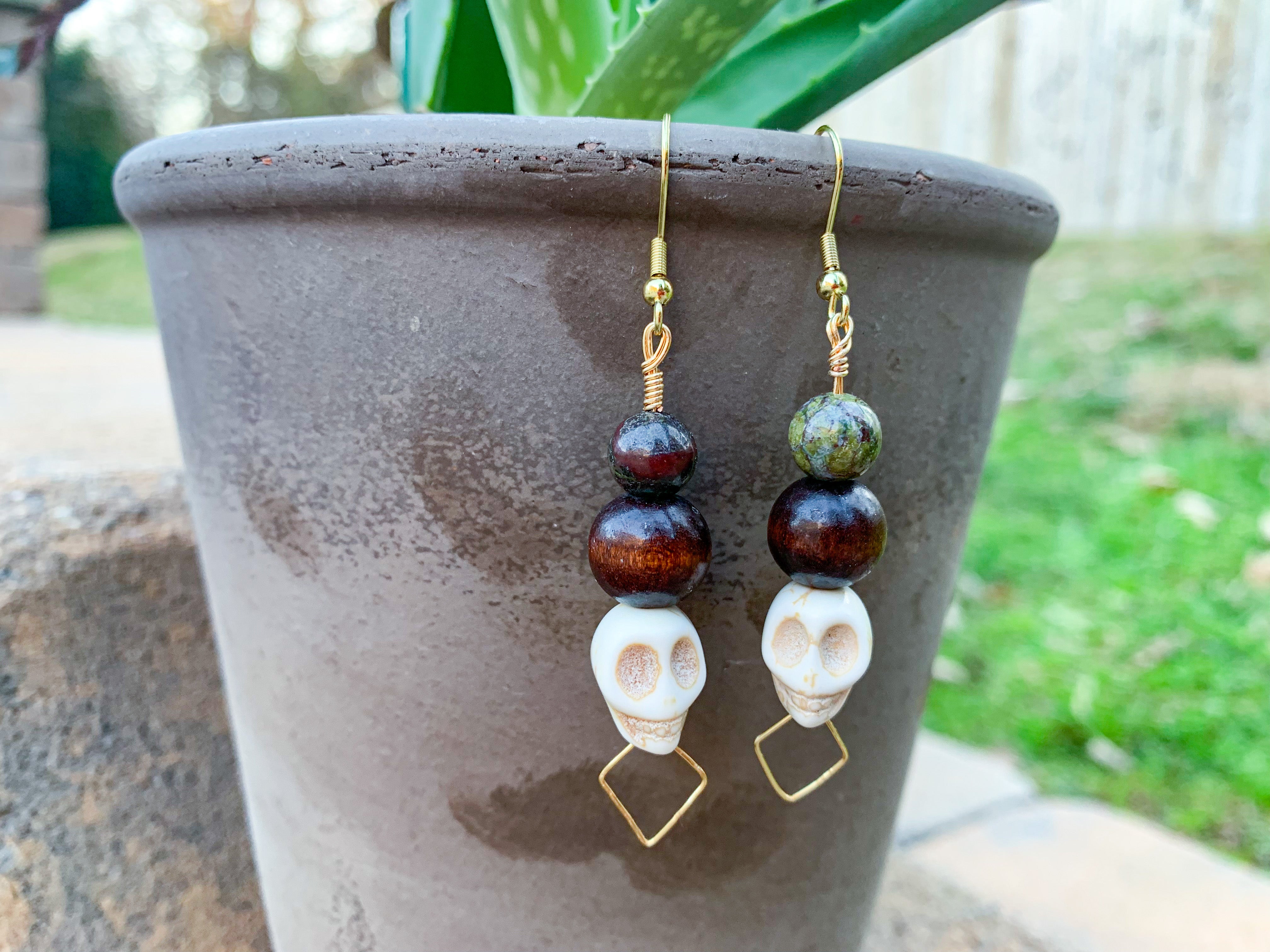 Dragon Blood Jasper / Howlite Skull Earrings