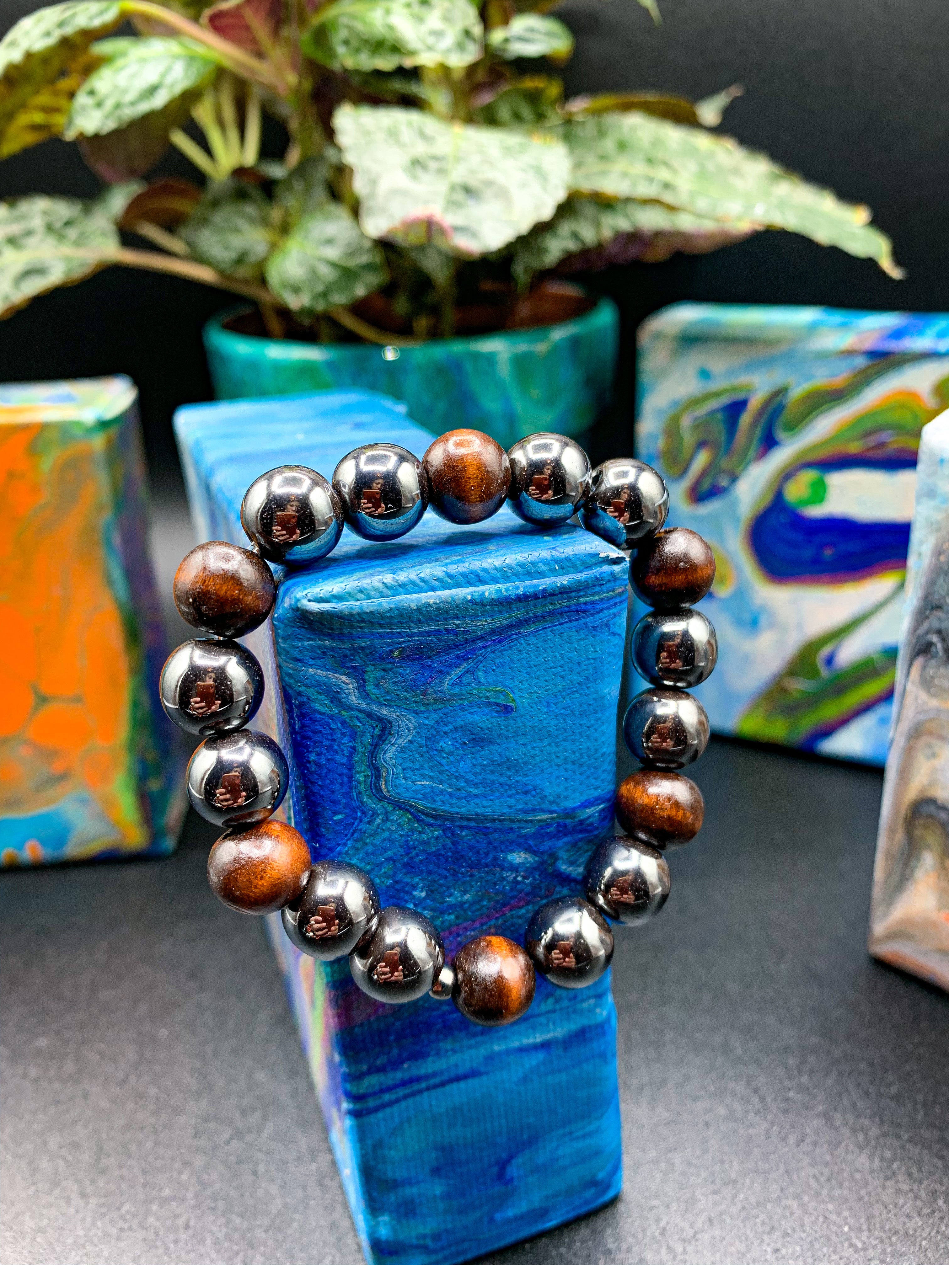 Small Hematite / Natural Wood Bracelet