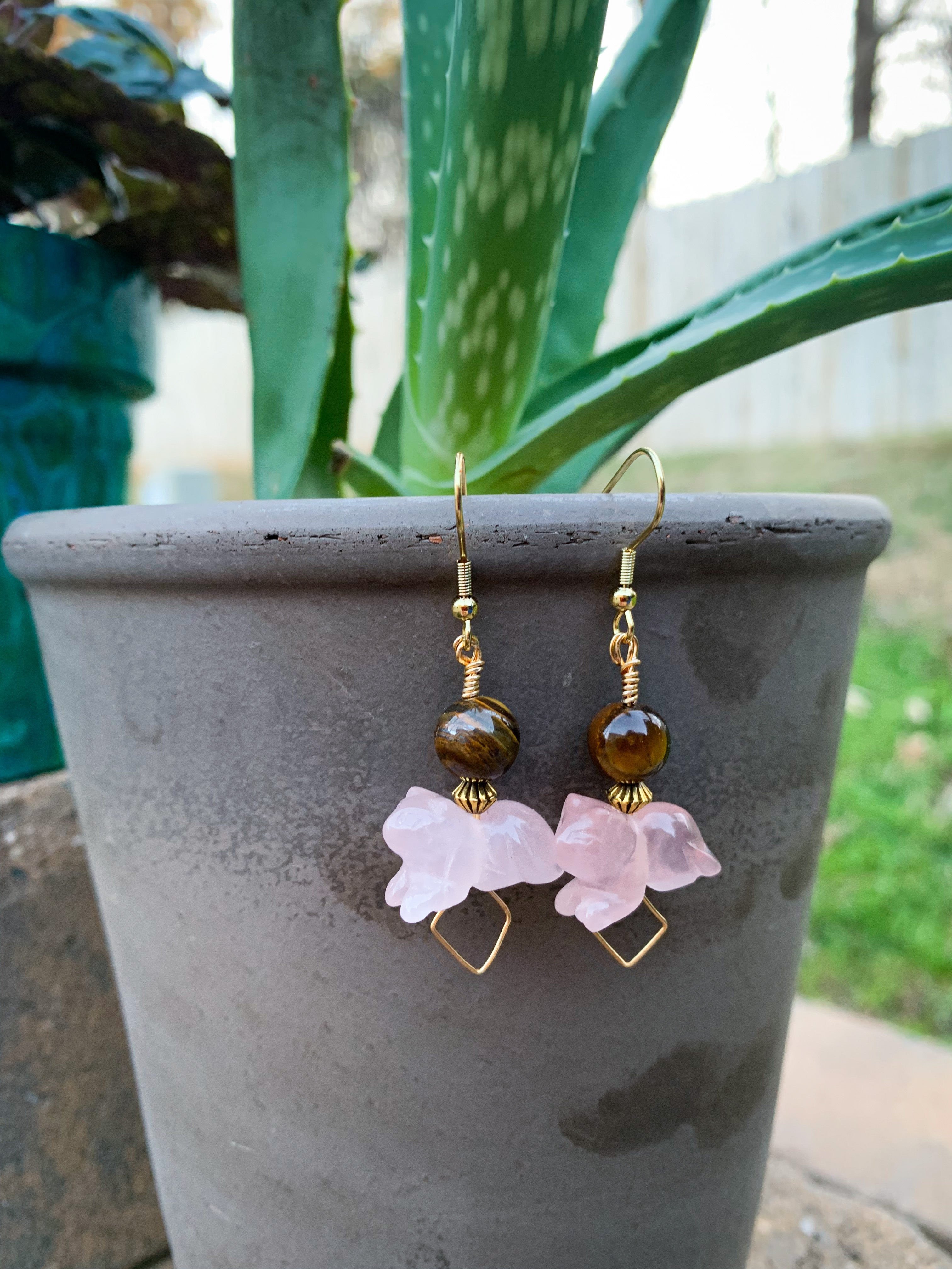 Cat Rose Quartz and Tigers Eye Earrings