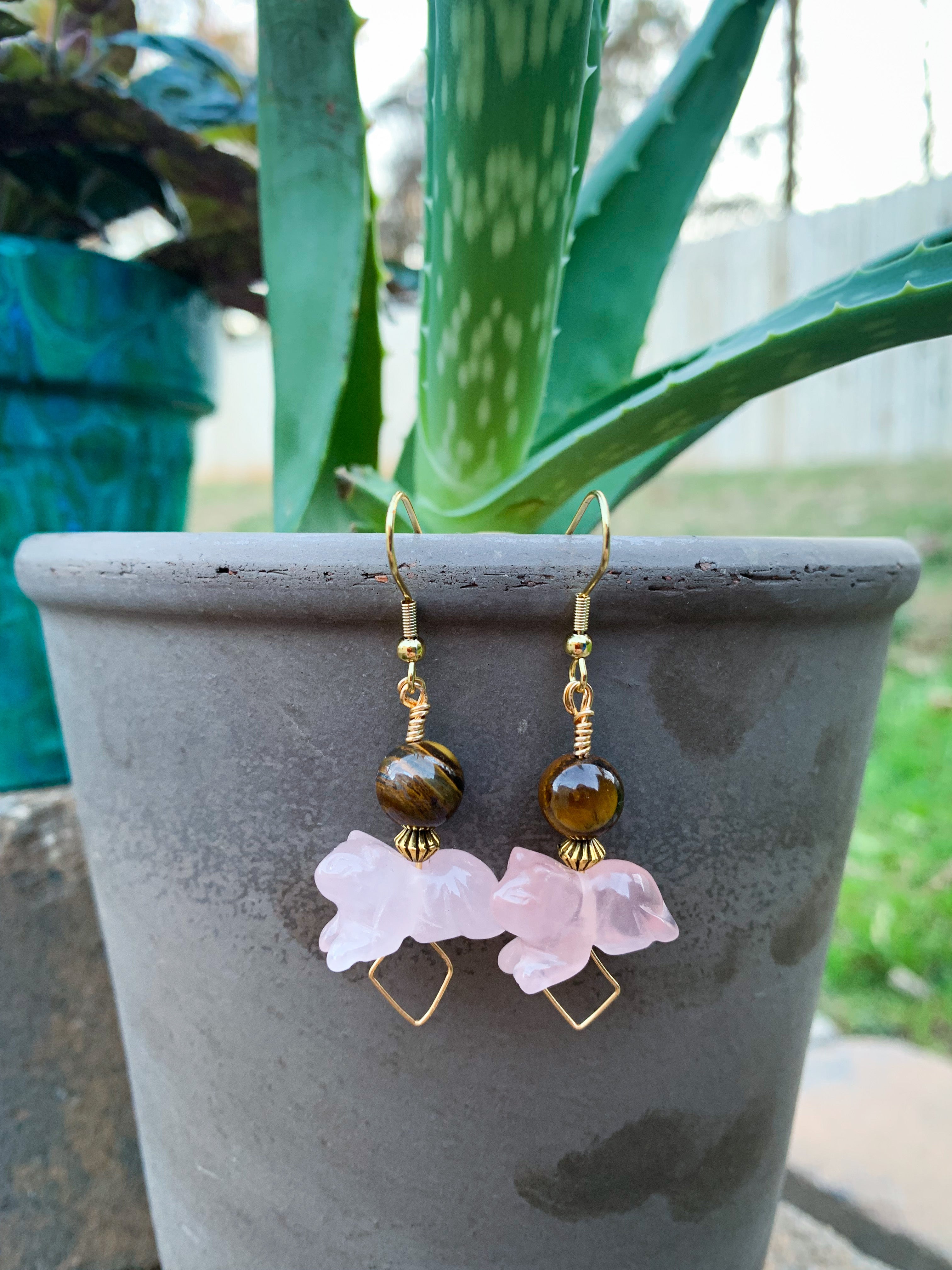 Cat Rose Quartz and Tigers Eye Earrings