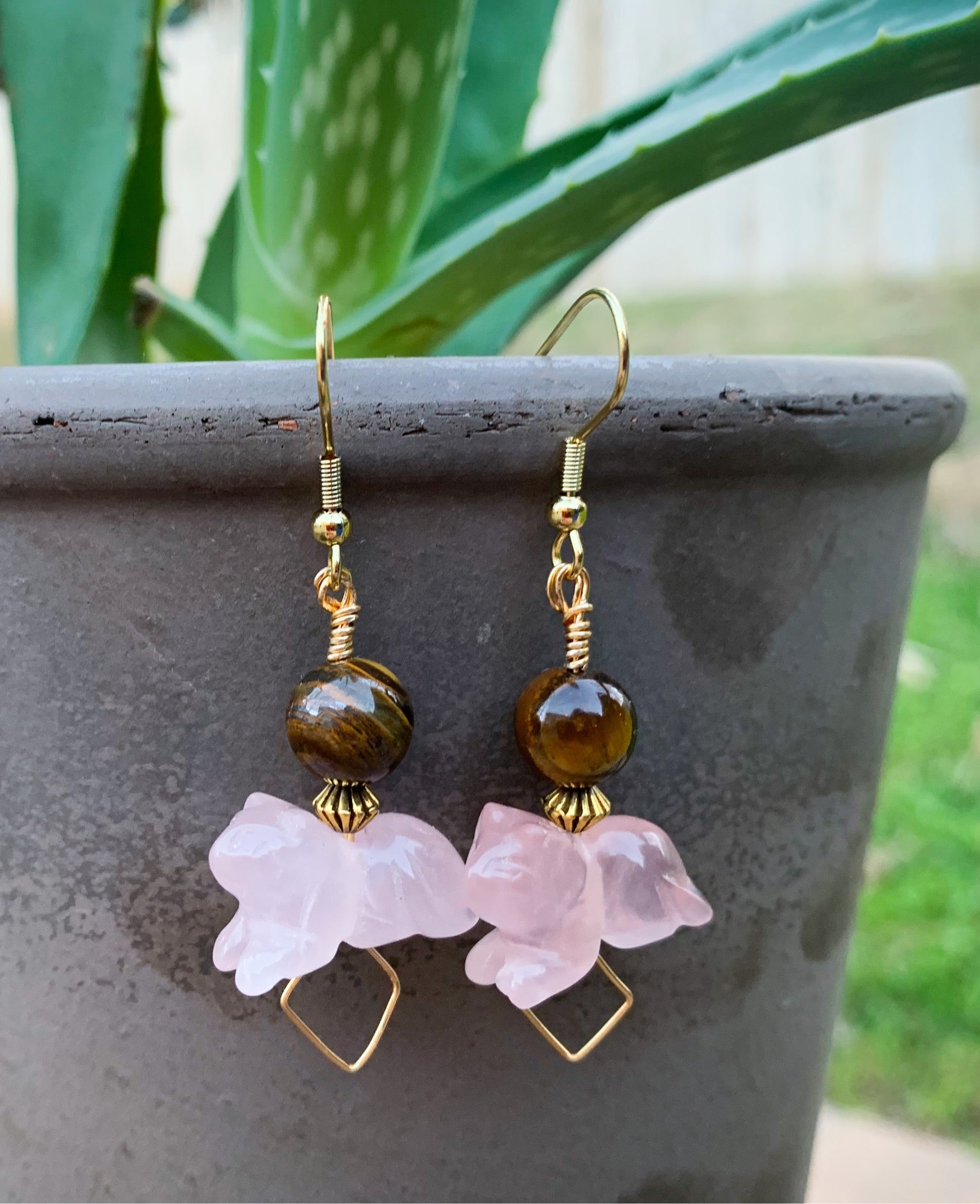 Cat Rose Quartz and Tigers Eye Earrings